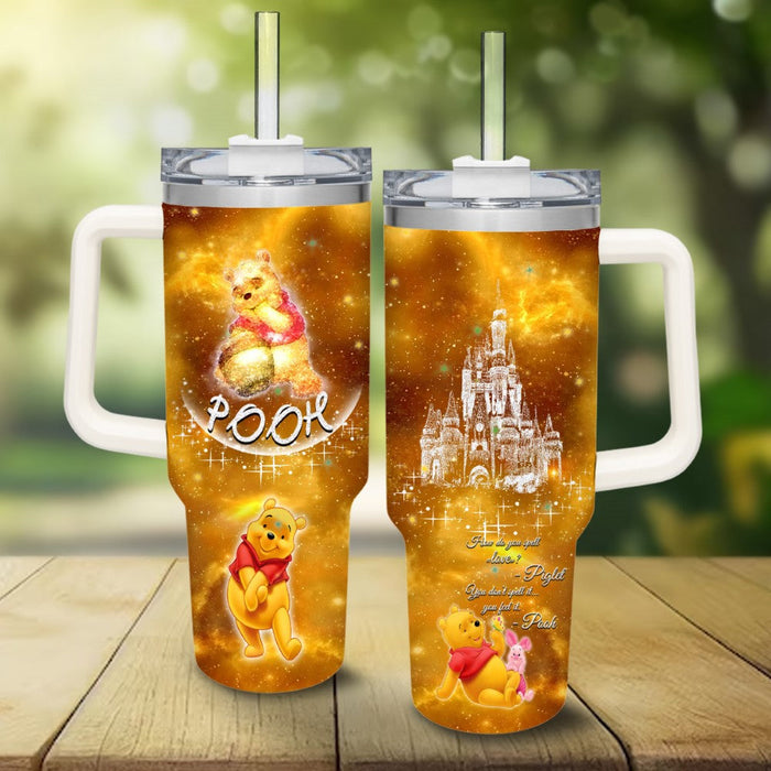 Pooh Castle Glitter Pattern Leak Resistant And Cupholder Friendly Tumbler