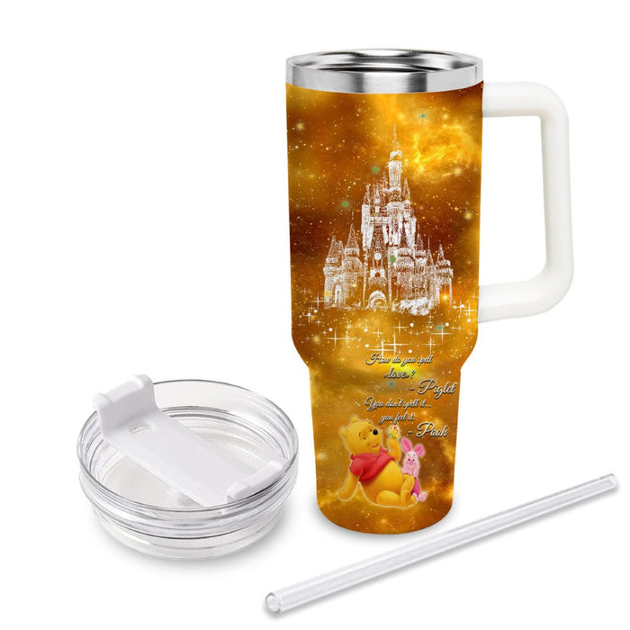 Pooh Castle Glitter Pattern Leak Resistant And Cupholder Friendly Tumbler