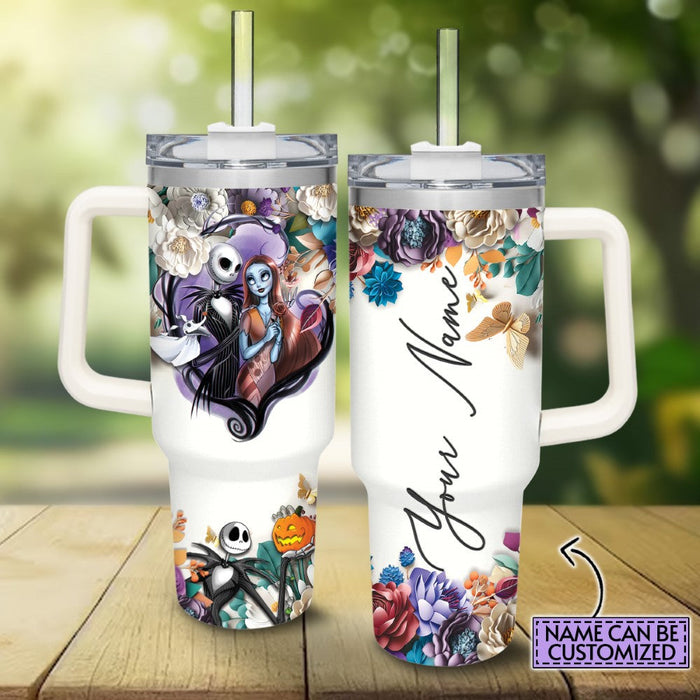 Custom Name Jack Skellington 3D Flower Cupholder Friendly Tumbler