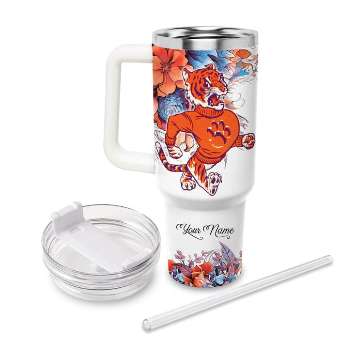 Custom Name Tigers Mascot Floral Design Leak Resistant Tumbler