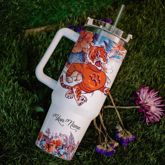 Custom Name Tigers Mascot Floral Design Leak Resistant Tumbler