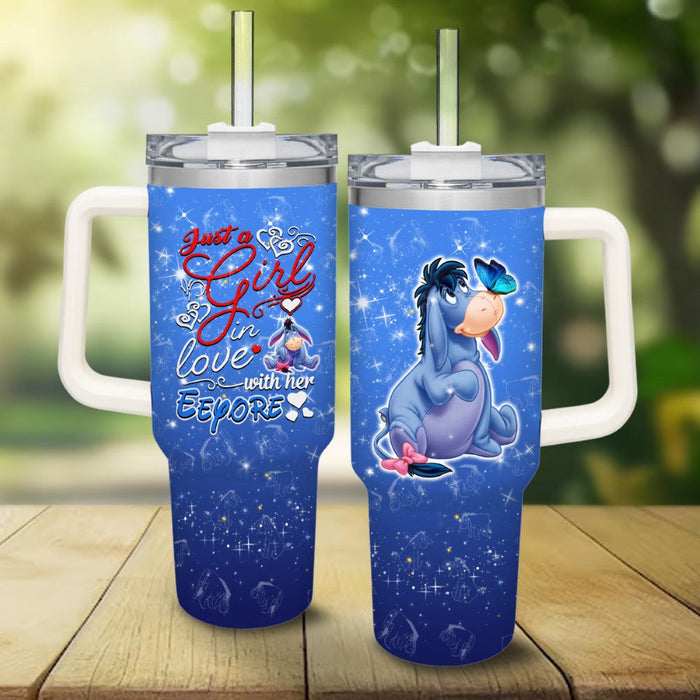 Eeyore Printed Cupholder Friendly Tumbler With Handle And Straw Lid