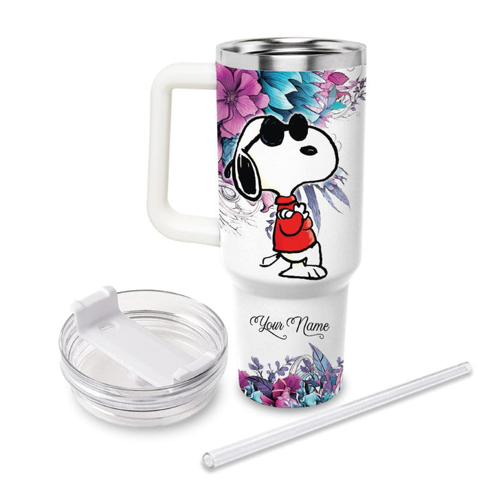 Custom Name Just A Girl Snoopy Flower Pattern 40oz Tumbler With Handle And Straw Lid