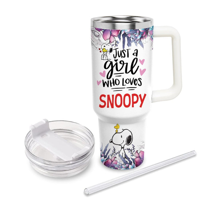 Custom Name Just A Girl Snoopy Flower Pattern 40oz Tumbler With Handle And Straw Lid