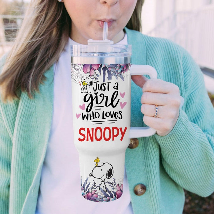 Custom Name Just A Girl Snoopy Flower Pattern 40oz Tumbler With Handle And Straw Lid