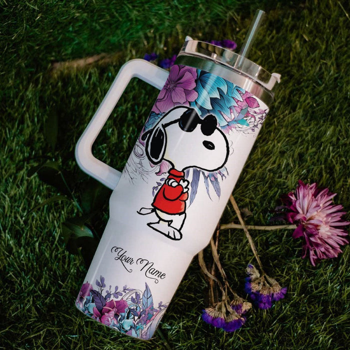 Custom Name Just A Girl Snoopy Flower Pattern 40oz Tumbler With Handle And Straw Lid