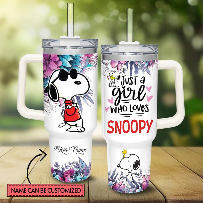 Custom Name Just A Girl Snoopy Flower Pattern 40oz Tumbler With Handle And Straw Lid