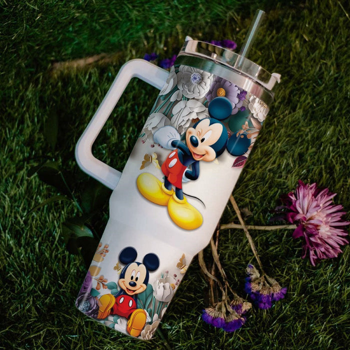 Engraving Mickey Mouse 3D Flower Tumbler With Handle And Straw Lid