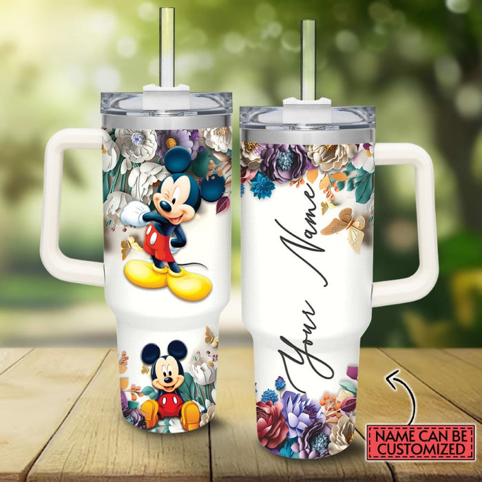 Engraving Mickey Mouse 3D Flower Tumbler With Handle And Straw Lid