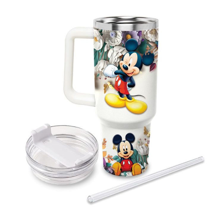 Engraving Mickey Mouse 3D Flower Tumbler With Handle And Straw Lid