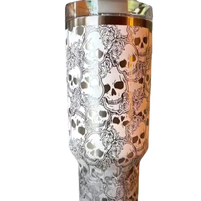 Skull And Roses Tumbler With Handle And Spill Proof Lid