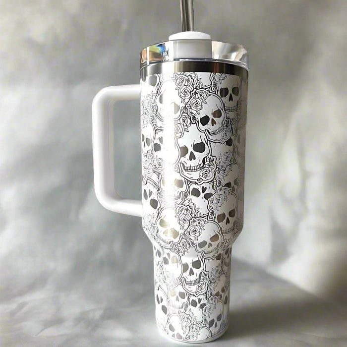 Skull And Roses Tumbler With Handle And Spill Proof Lid