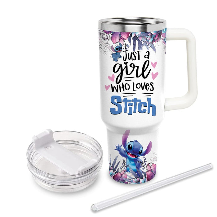 Custom Name Stitch Flower Tumbler With Handle And Straw Lid