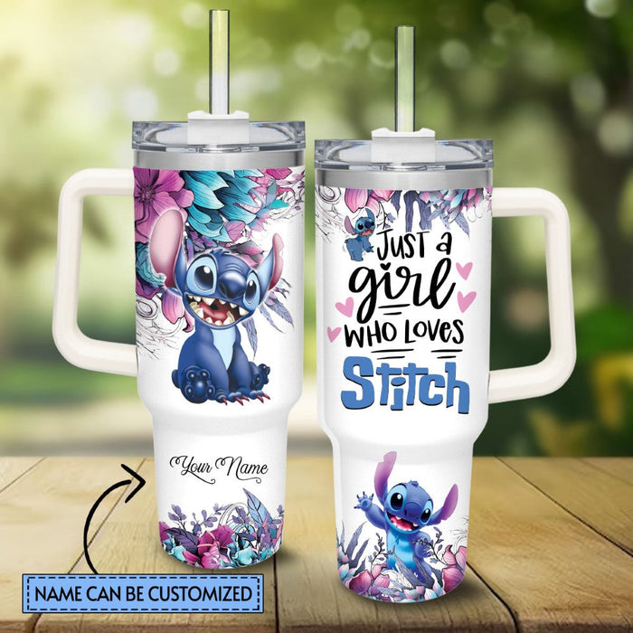 Custom Name Stitch Flower Tumbler With Handle And Straw Lid