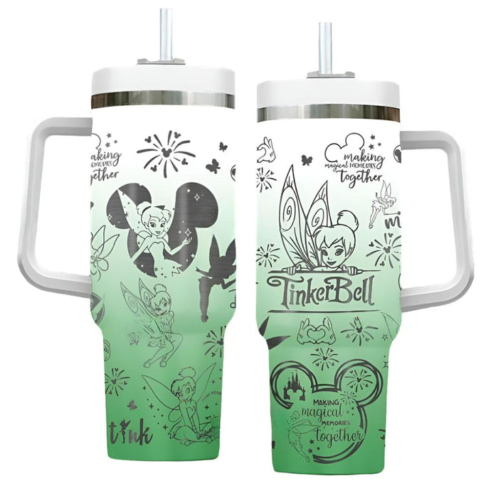 Tinker Bell Pattern Engraved Insulated Leak Resistant And Cupholder Friendly Tumbler