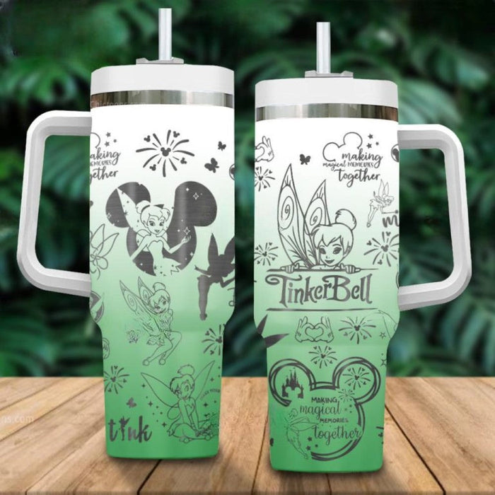 Tinker Bell Pattern Engraved Insulated Leak Resistant And Cupholder Friendly Tumbler